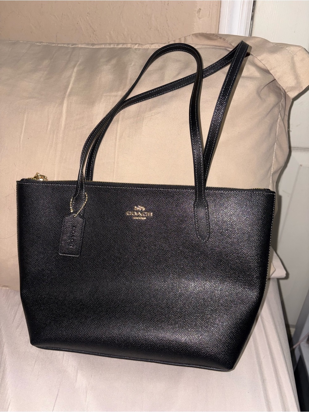 Coach Black Leather Saffiano Tote with Gold Logo